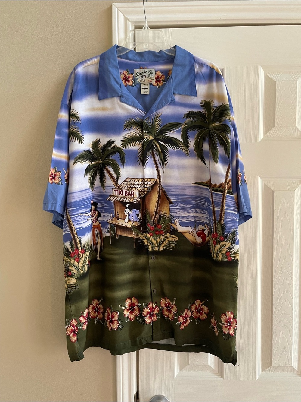 Big Dogs Blue and Green Hawaiian Tiki Bar Button-Up Shirt - Size: 2X